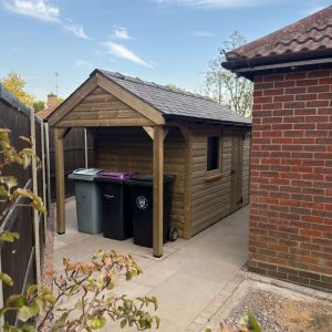 Permitted Development Shed with covered wheelie bin storage and reclaimed Welsh slate roof