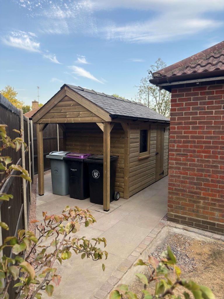 Permitted Development Shed with covered wheelie bin storage and reclaimed Welsh slate roof